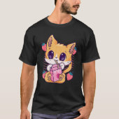 Aardbeien melk Kat Cute Kawaii Kitten Anime Neko T-shirt (Voorkant)
