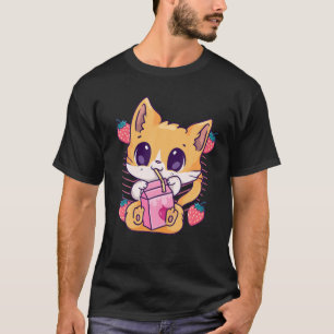 Aardbeien melk Kat Cute Kawaii Kitten Anime Neko T-shirt