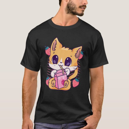Aardbeien melk Kat Cute Kawaii Kitten Anime Neko T-shirt (Voorkant)