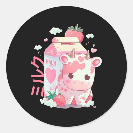 Aardbeien Melkmelk Koe Verpakking Kawaii J Ronde Sticker (Voorkant)