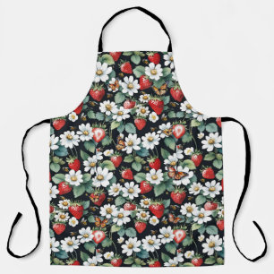 Aardbeien met bloemen en vlinders zwart schort