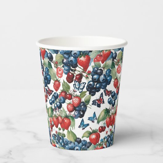 Aardbeien Met Bosbessen En Vlinders Papieren Bekers (Achterkant)
