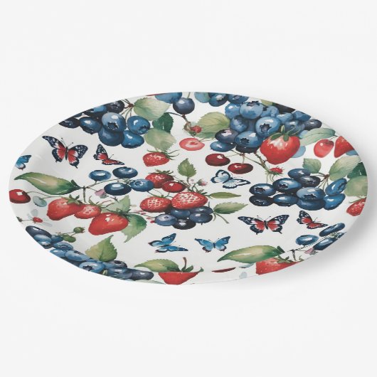 Aardbeien Met Bosbessen En Vlinders Papieren Bordje (Gekanteld)