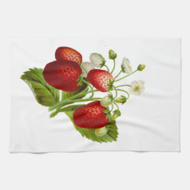 Aardbeien met groene bladeren, keukenhanddoeken en