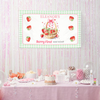 Aardbeien mint geruite Eerste Verjaardag Spandoek