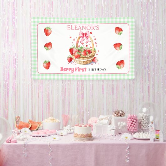 Aardbeien mint geruite Eerste Verjaardag Spandoek (Feest)