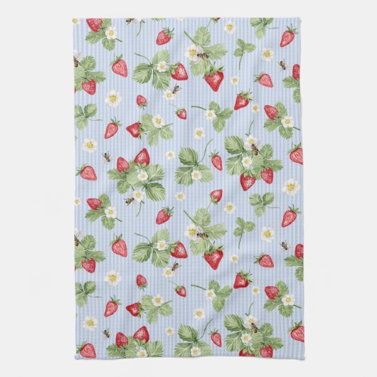 Aardbeien n Bijen Waterverf Blue Pin Stripes Theedoek (Verticaal)