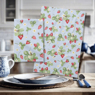 Aardbeien n Bijen Waterverf Blue Pin Stripes Theedoek