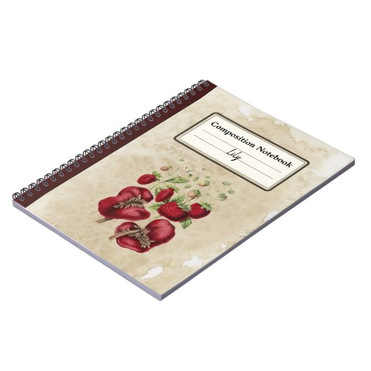 aardbeien op een oude papieren compositie notitieboek (Linkerzijde)