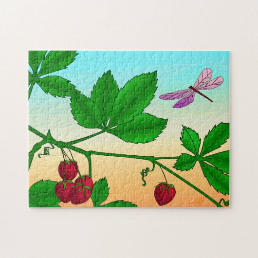 Aardbeien op een vertakking en Dragonfly Legpuzzel (Horizontaal)