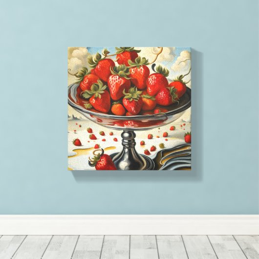 Aardbeien op een zilveren schaal canvas afdruk (Insitu (Houten vloer))