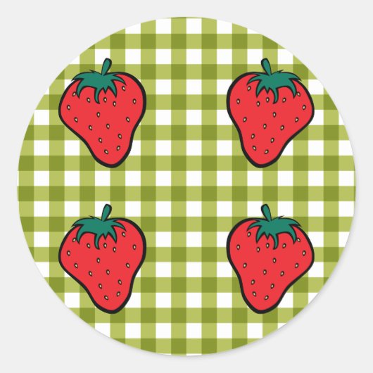 Aardbeien op Groene Gingham Ronde Sticker (Voorkant)