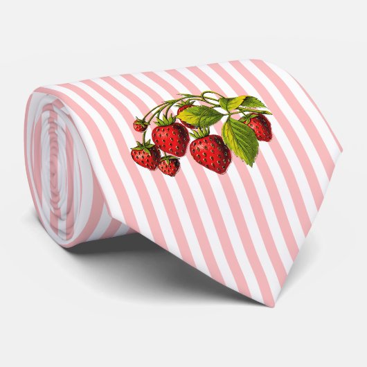 Aardbeien op roze en witte strepen stropdas (Opgerold)