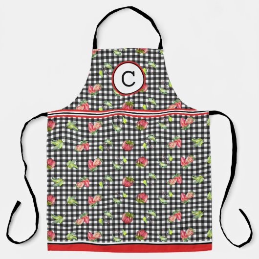 Aardbeien op zwarte gingham monogrammed schort (Voorkant)