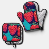 Aardbeien ovenhandschoenen ovenwant & pannenlap set (Voorkant / Achterkant)