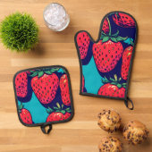 Aardbeien ovenhandschoenen ovenwant & pannenlap set (Top down)