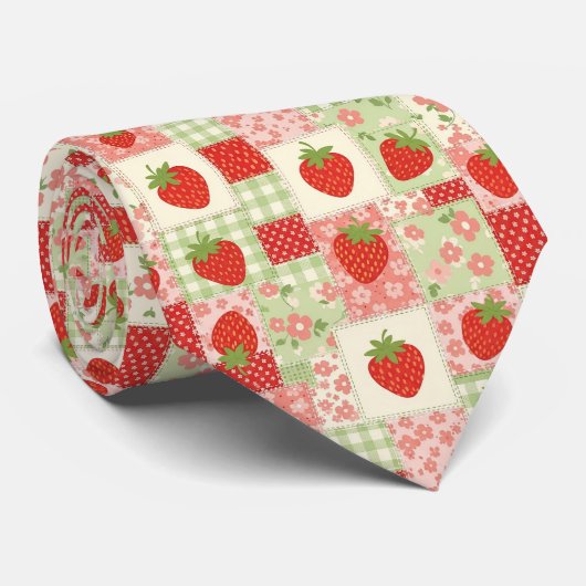 Aardbeien Patchwork Picknick (4) Stropdas (Opgerold)