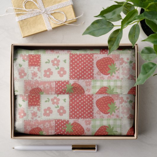 Aardbeien Patchwork Picknick (4) Tissuepapier (Geschenk)
