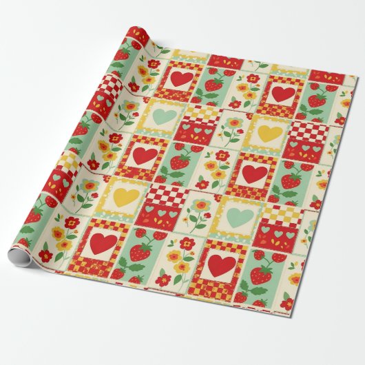 Aardbeien Patchwork Picknick Cadeaupapier (Uitgerold)