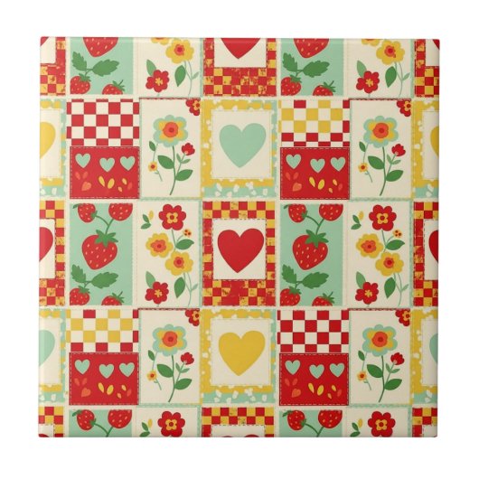 Aardbeien Patchwork Picknick Tegeltje (Voorkant)