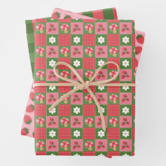 Aardbeien Picknick Cadeau Inpakpapier Roze Gingham Vel
