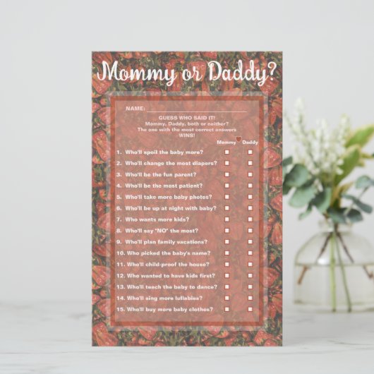 Aardbeien Raad wie (mama of papa) Game Kaart (Staand voorkant)