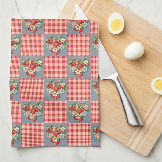 Aardbeien Red Gingham en Blue Slate Checkered Theedoek (Quarter Fold)