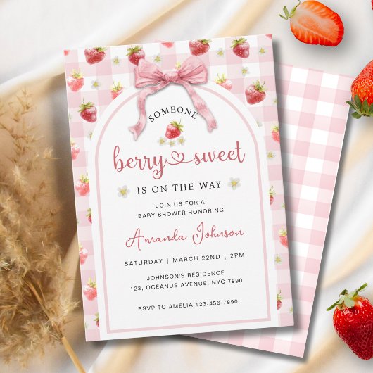 Aardbeien Ribbon Berry Sweet Pink Baby shower Kaart