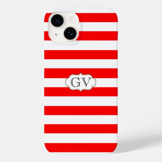 Aardbeien Rood en Witte Striped Initialen Monogram Case-Mate iPhone Case (Achterkant)