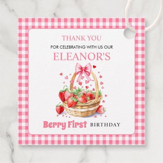 Aardbeien roze bessen eerste verjaardag Dank u Bedankjes Labels (Achterkant)