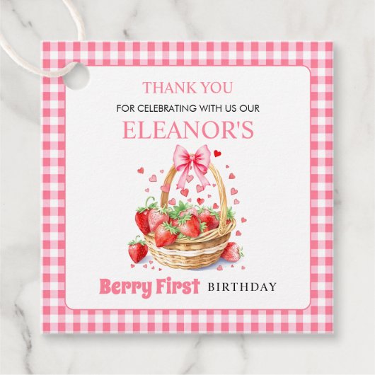 Aardbeien roze bessen eerste verjaardag Dank u Bedankjes Labels (Voorkant)