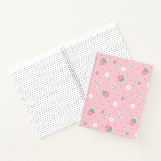 aardbeien Roze bloemen Stippen Kawaii Cute Pastel Notitieboek (Binnen)