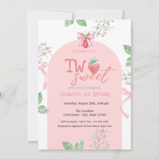 Aardbeien Roze Boog Twee Zoete 2e Verjaardag Kaart (Voorkant)