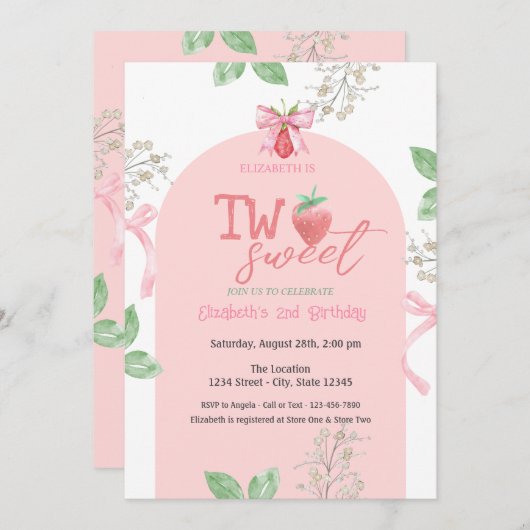 Aardbeien Roze Boog Twee Zoete 2e Verjaardag Kaart (Voorkant / Achterkant)