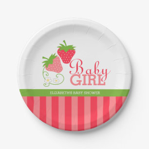 Aardbeien Roze en Groene Baby Shower Papieren Bordje