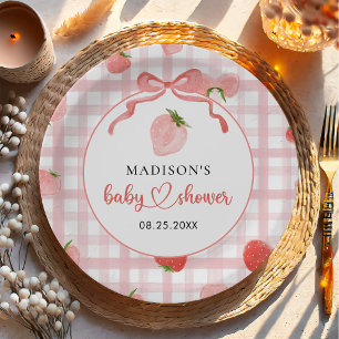 Aardbeien Roze Gingham Meisje Baby Shower Papieren Bordje