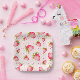 Aardbeien Roze Groene Feest Papieren Bordje