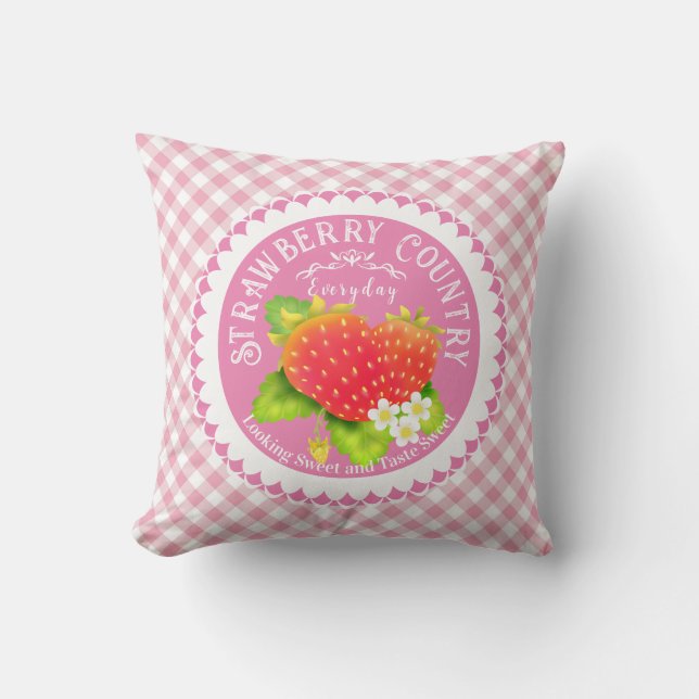 Aardbeien Roze Sierkussen Gingham (Voorkant)