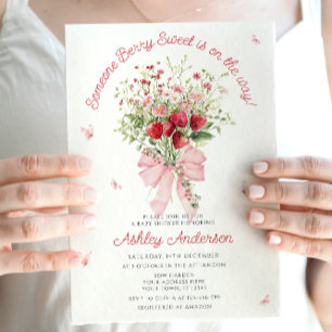 Aardbeien Roze Strik Groene Baby Shower Kaart