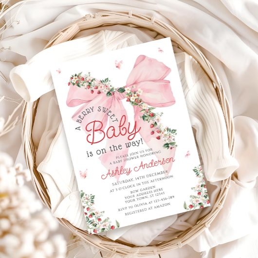 Aardbeien Roze Strik Meisje Baby Shower Kaart