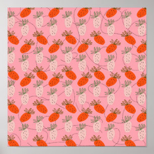 Aardbeien Roze Wit Doodle Patroon    Poster