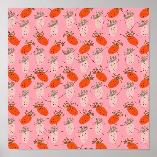 Aardbeien Roze Wit Doodle Patroon    Poster (Voorkant)