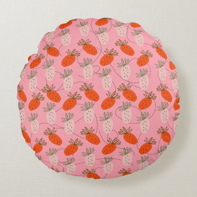 Aardbeien Roze Wit Doodle Patroon  Rond Kussen (Voorkant)