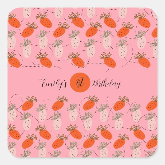 Aardbeien Roze Wit Doodle Verjaardag Vierkante Sticker (Voorkant)