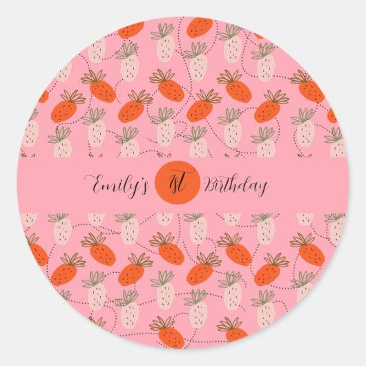 Aardbeien Roze Witte Doodle Verjaardag Ronde Sticker (Voorkant)