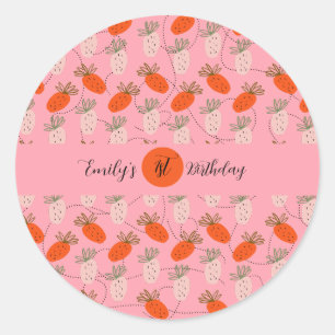 Aardbeien Roze Witte Doodle Verjaardag Ronde Sticker