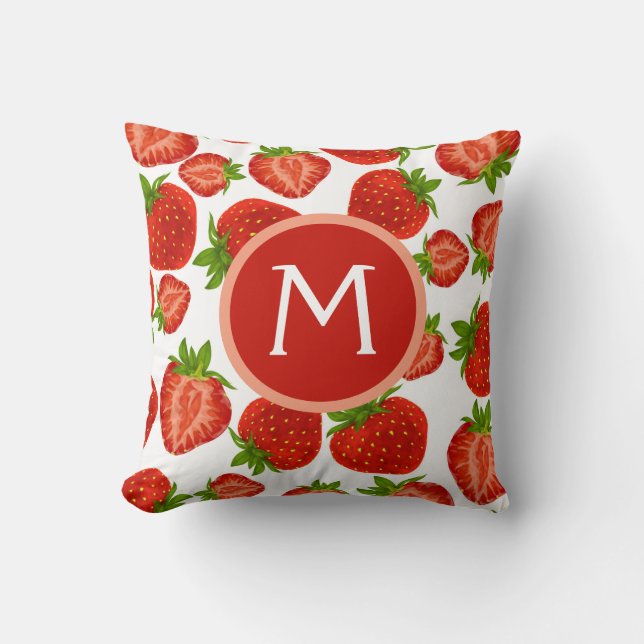 Aardbeien Slagroom Rode Monogram Werp Kussen (Voorkant)