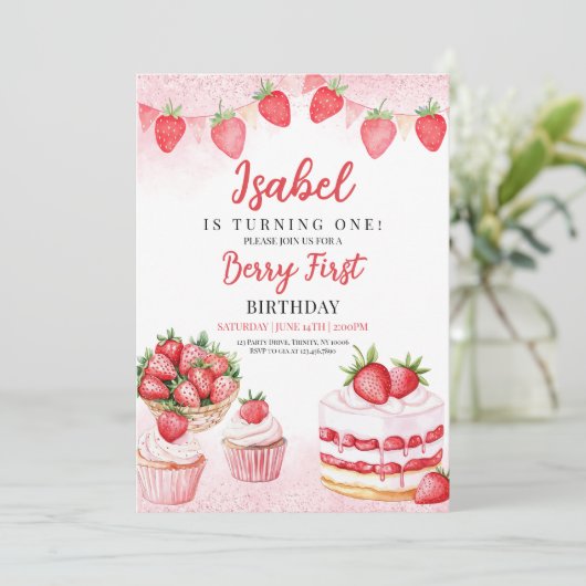 Aardbeien Taart Verjaardag Kaart (Staand voorkant)