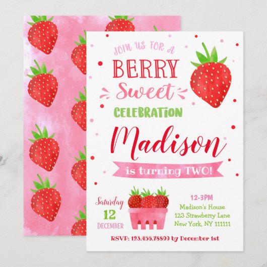 Aardbeien Verjaardagsfeest Uitnodigingen (Voorkant / Achterkant)