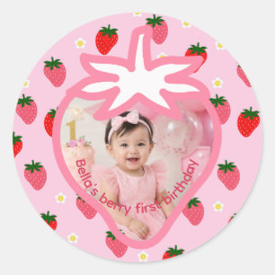 Aardbeien Verjaardagsfeestje Eerste Verjaardag met Ronde Sticker